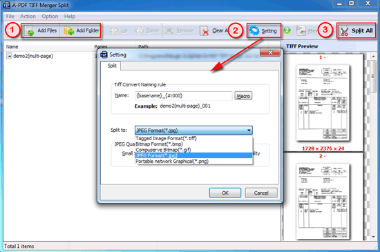 a-pdf tiff merge and split three steps